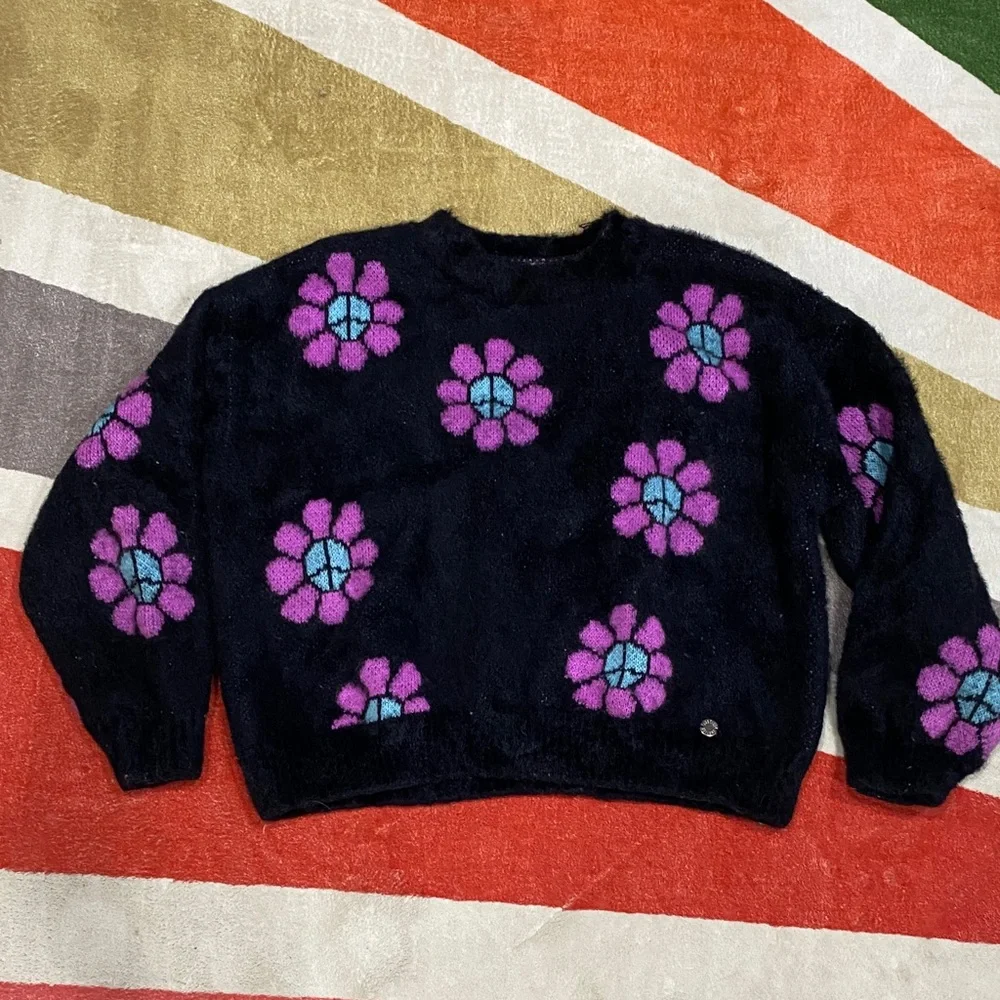 3/$10 Justice Black Sweater with Purple and Blue Floral Design